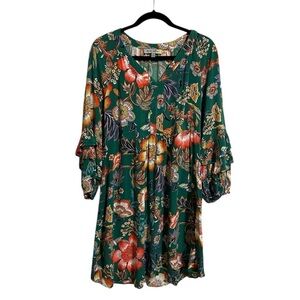 Figueroa and Flower Anthropology Green Floral Baby Doll Ruffle Sleeve Size M